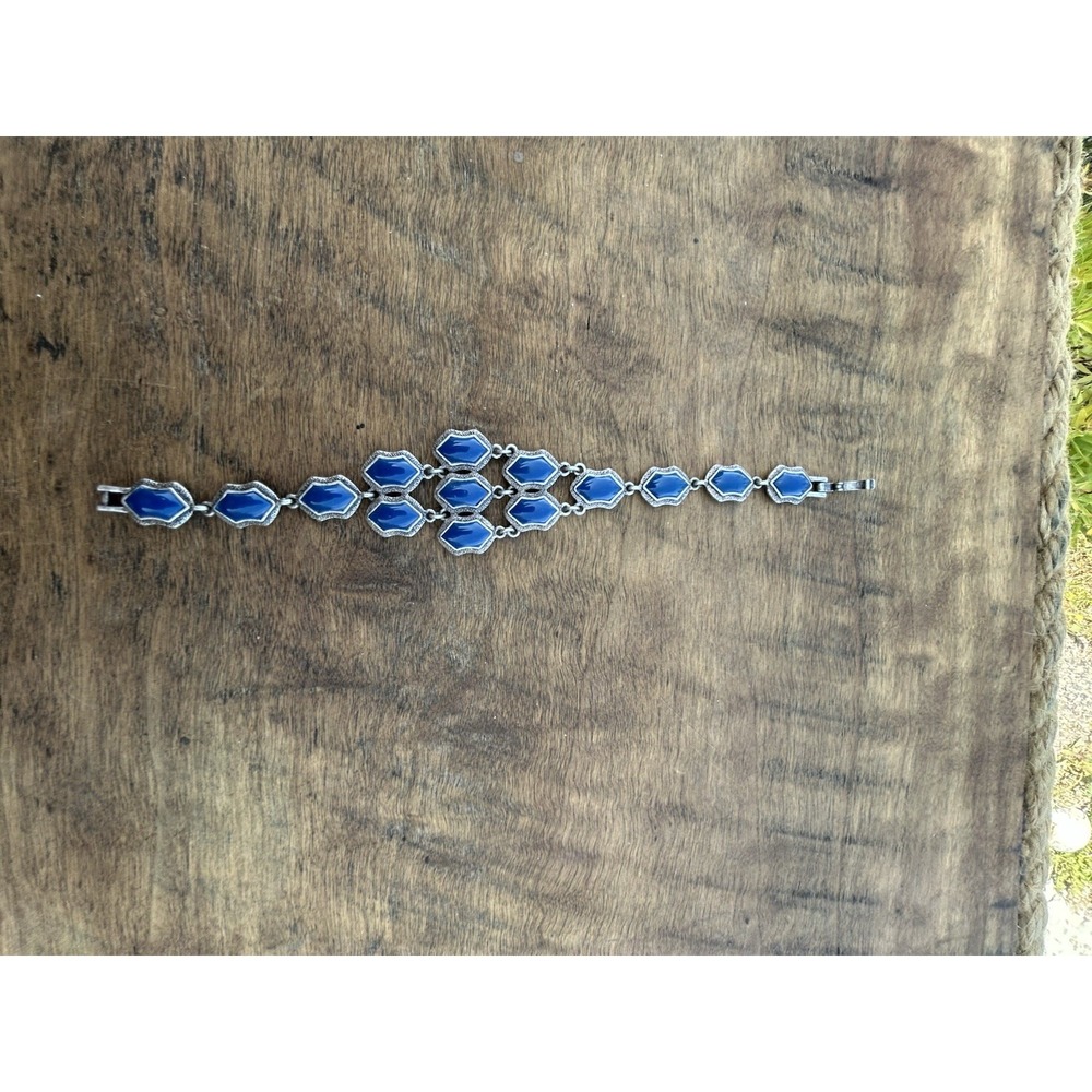 Blue Enamel Silver Tone Statement Bracelet Geometric Art Deco Style 8.25"